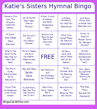 Katie's Sisters Hymnal Bingo Card