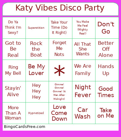 Katy Vibes Disco Party Bingo Card