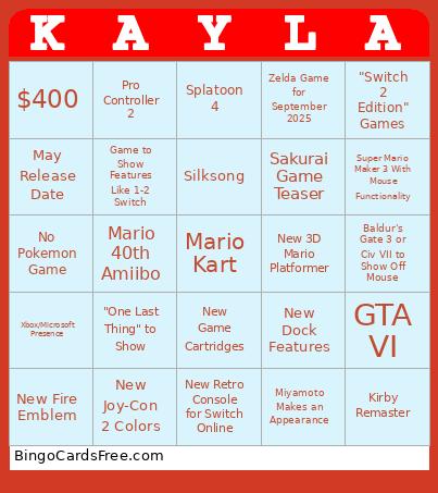 Kayla Switch 2 Reveal Bingo Card