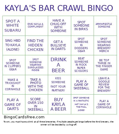 KAYLA'S BAR CRAWL BINGO