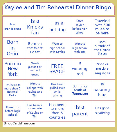 Kaylee And Tim Rehearsal Dinner Bingo Card