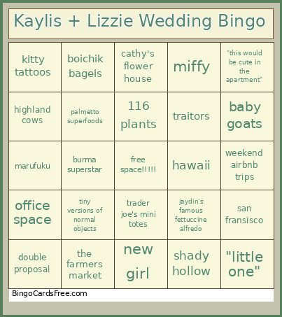 Kaylis + Lizzie Wedding Bingo Card
