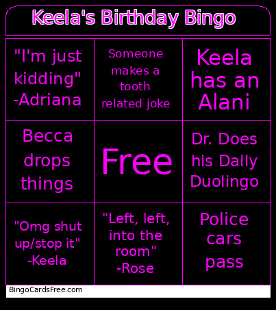 Keela's Birthday Bingo Card