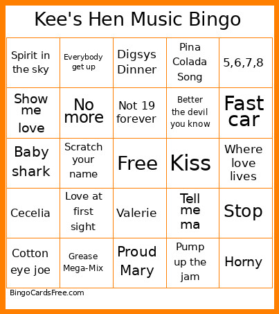Kee's Hen Music Bingo Card