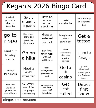 Kegan's 2026 Bingo Card