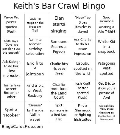 Keith's Bar Crawl Bingo Card
