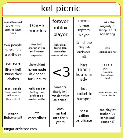 Kel Picnic Bingo Card