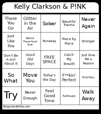 Kelly Clarkson & P!NK Bingo Card