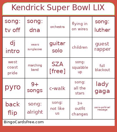 Kendrick Halftime Show 2025 Bingo