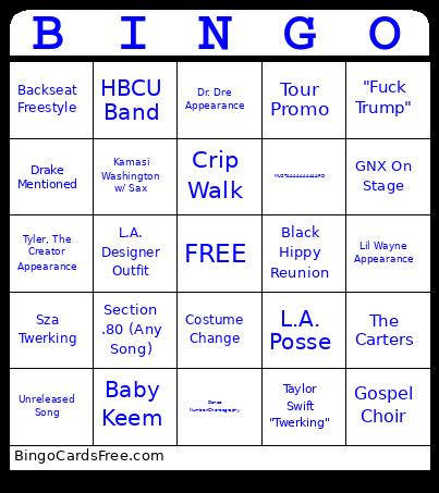 Kendrick Lamar Halftime Show Bingo Card