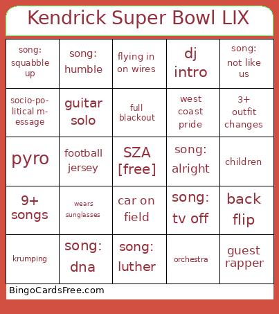 Kendrick Bingo Cards Free Pdf Printable Game, Title: Kendrick Super Bowl LIX