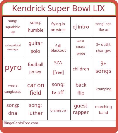 Kendrick Super Bowl LIX Bingo