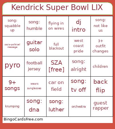 Kendrick Super Bowl LIX Bingo