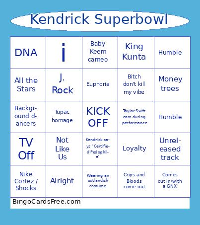 Kendrick Superbowl Bingo Cards Free Pdf Printable Game, Title: Kendrick Superbowl