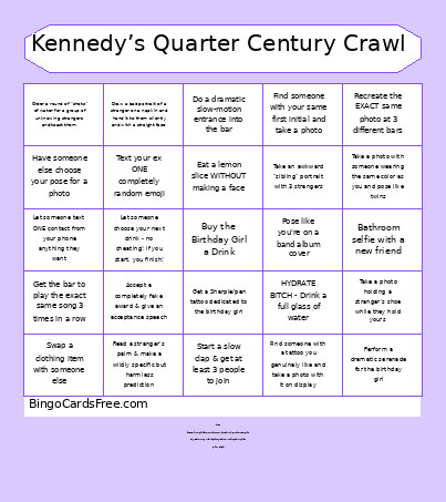 Kennedy’s Quarter Century Crawl Bingo Card