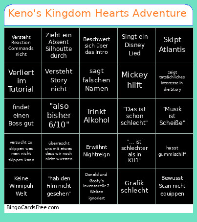 Keno's Kingdom Hearts Adventure Bingo Card