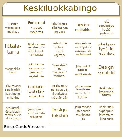 Keskiluokkabingo Cards Free Pdf Printable Game, Title: Keskiluokkabingo