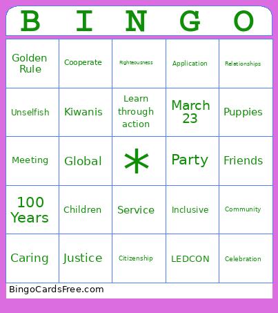 Key Club Birthday Party Bingo Card