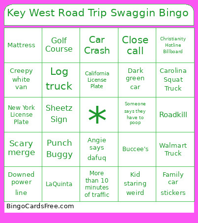 Key West Road Trip Swaggin Bingo Card