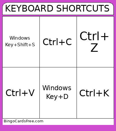 KEYBOARD SHORTCUTS Bingo Card