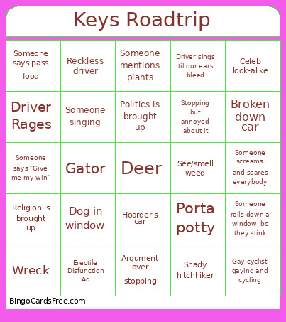 Keys Roadtrip Bingo Card