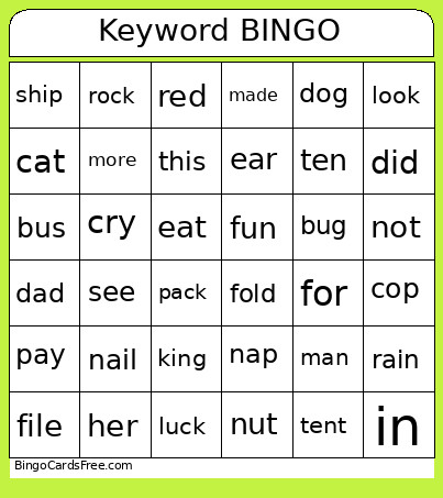 Keyword Bingo Card