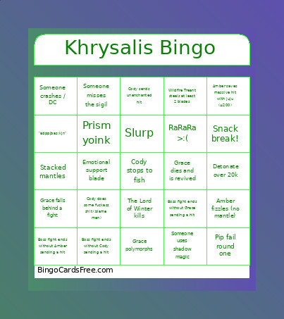 Khrysalis Bingo Card
