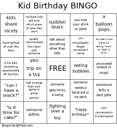Kid Birthday Bingo Card