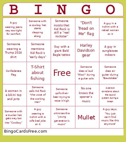 Kid Rock Concert Bingo Card