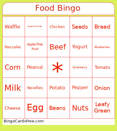 KidFood Bingo Card