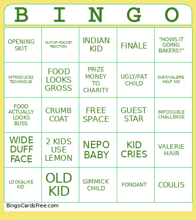 Kids Baking Championship Bingo Card