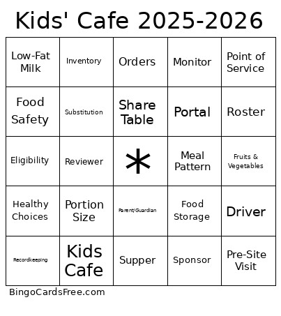 Kids' Cafe 2025-2026 Bingo Card