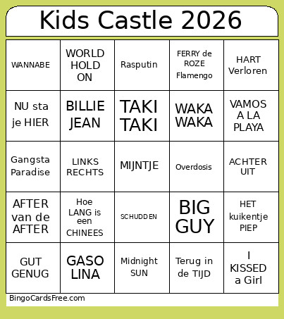 Kids Castle 2026 Bingo Card