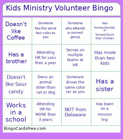Kids Ministry Volunteer Bingo 