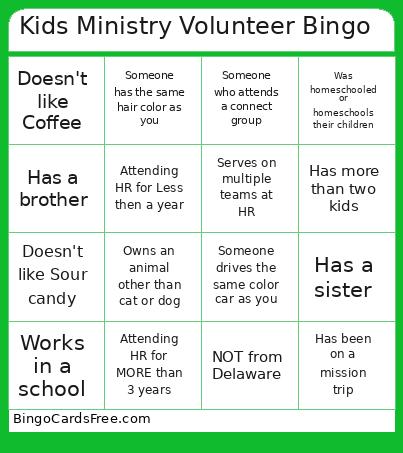 Kids Ministry Volunteer Bingo 