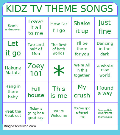 KIDZ TV THEME SONGS Bingo Card