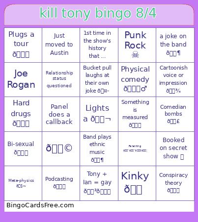 Kill Tony 8/4 Bingo Card