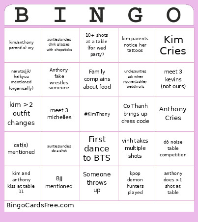 KimThony Wedding Bingo Card