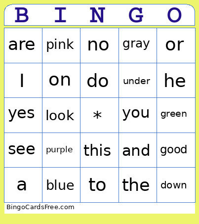 Kinder Sight Words Bingo Card