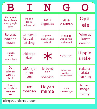 Kinderliedjes Bingo Card