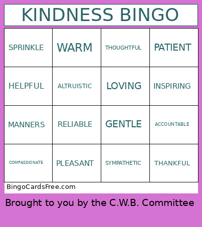 Kindness Bingo Card