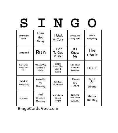 King Of Country Bingo Card