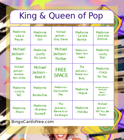 King & Queen Of Pop Bingo Card