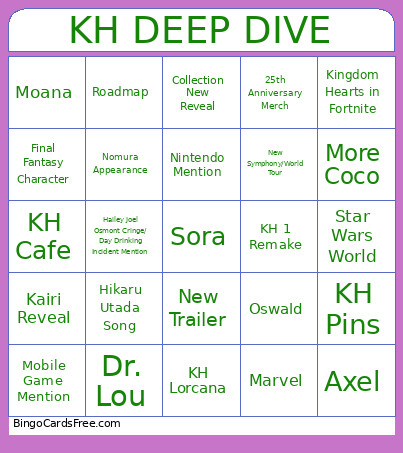 Kingdom Hearts Deep Dive Bingo Card