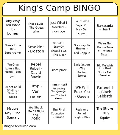 King's Camp Bingo Card