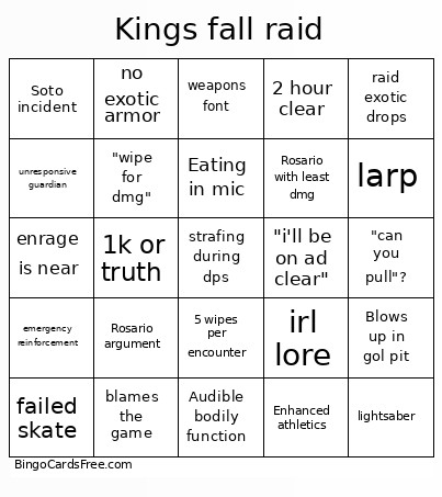 Kings Fall Raid Bingo Card