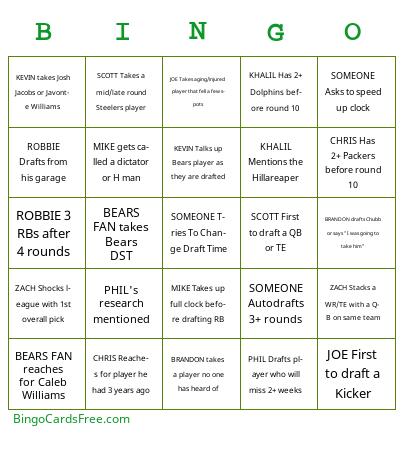 Kings of Nothing Fantasy Draft BINGO