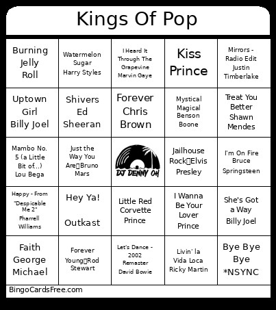 Kings Of Pop Bingo Card