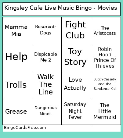 Kingsley Cafe Live Music - Movies Bingo Card