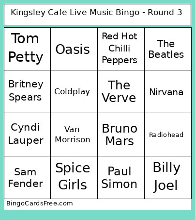Kingsley Cafe Live Music - Round 3 Bingo Card